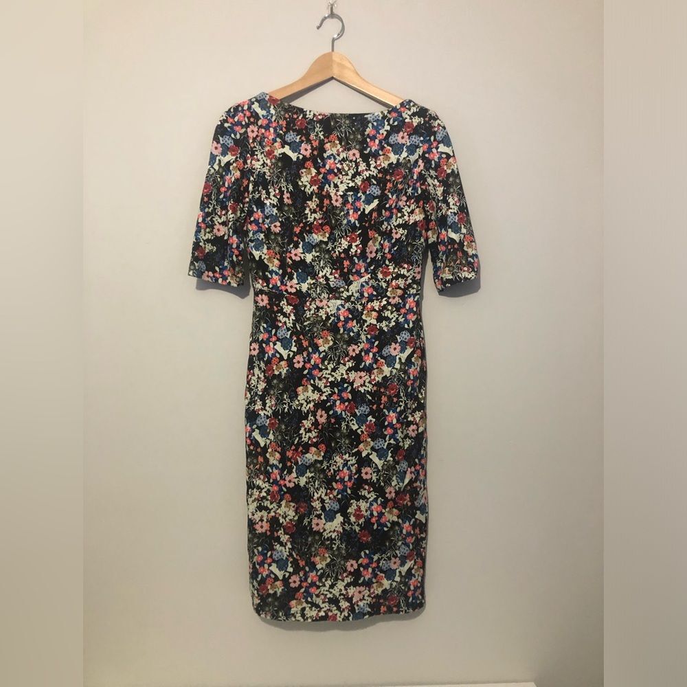 ERDEM Kirsten Multicolor Floral Print Sheath Midi Dress 1/4 Sleeve Women’s 8